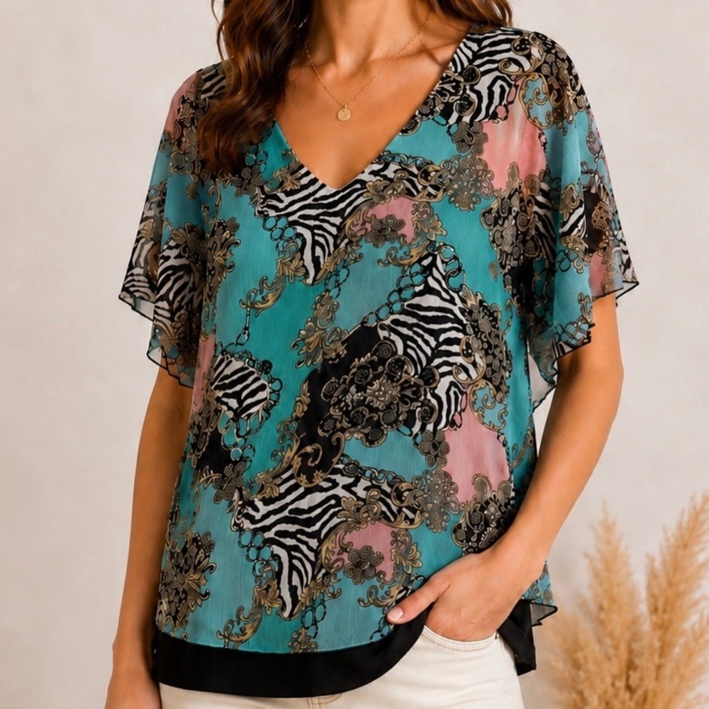New Directions Sheer Overlay‎ Blouse Zebra Baroque Print Flutter Sleeve S Resort